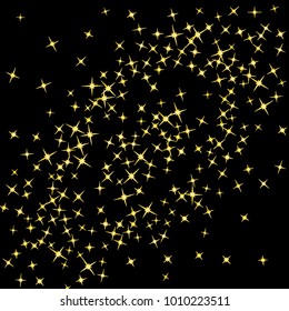 Star Confetti pattern. Starlight Night. Black background. Astral Design. Confetti Fall Chaotic Decor. Modern Creative Pattern. Gentle Gold Pattern for your project. Vector