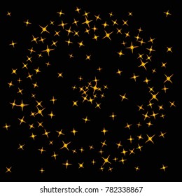 Star Confetti pattern. Starlight Night. Black background. Astral Design. Confetti Fall Chaotic Decor. Modern Creative Pattern. Gentle Gold Pattern for your project. Vector