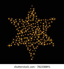 Star Confetti pattern. Starlight Night. Black background. Astral Design. Confetti Fall Chaotic Decor. Modern Creative Pattern. Gentle Gold Pattern for your project. Vector