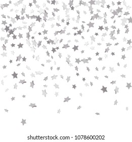 Star confetti. Silver casual confetti background. Falling stars on a white background. Bright design pattern. Suitable for your design, cards, invitations, gift, vip.