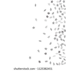 Star confetti. Silver casual confetti background.  Illustration of flying shiny stars. Decorative element. Bright design pattern. Suitable for your design, cards, invitations, gift, vip.