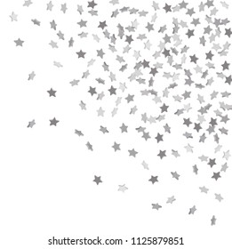 Star confetti. Silver casual confetti background.  Illustration of flying shiny stars. Decorative element. Bright design pattern. Suitable for your design, cards, invitations, gift, vip.