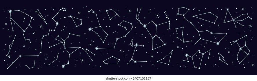 Star constellation border or backdrop. Night sky map pattern. Astronomy planetarium galaxy star constellation panorama or esoteric astrology zodiac celestial background, vector wallpaper or print