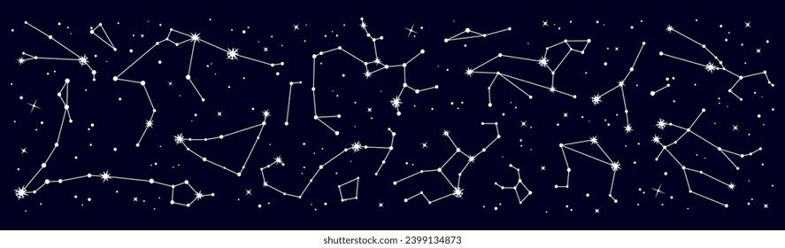 Star constellation border. Galaxy night sky map. Esoteric astrology zodiac star constellation background, astronomy galaxy celestial panorama or border, space stars sky map vector pattern or print