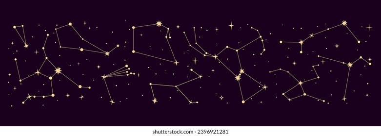 star constellation border. night galaxy space sky map, mystic astrology. Vector background for astronomy, esoteric, tarot, and magic. Chart displaying positions of celestial objects visible in sky