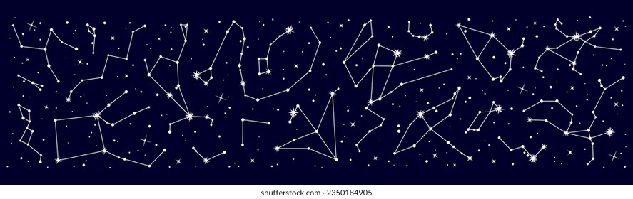 Star constellation border. Night sky map. Vector detailed chart displaying positions of celestial objects visible in night sky. Pattern for astronomy, esoteric, tarot, magic and mystic astrology