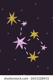 Star constellation, card design. Astronomy and astrology poster with starry celestial doodle drawing, ursa major in night sky. Magic sparkles in space, galaxy, cosmos. Flat vector illustration