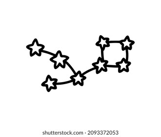 Icono dibujado a mano por la constelación de estrellas. Estrellas alineadas en el camino garabateado doodle. Símbolo de galaxia celeste, aislado en fondo blanco.