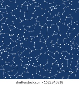 Star constellation seamless pattern - blue night sky with white stars connected by lines. Astronomy background - flat cartoon galaxy vector illustration.