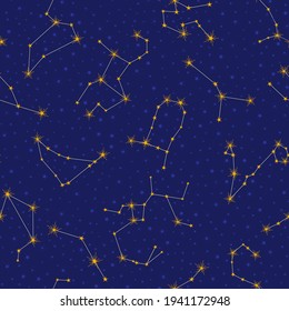 Star constellation seamless pattern. Dark blue space vector background with star