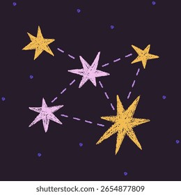 Constelação de estrelas no espaço, cosmos, design de cartão postal quadrado. Cintilações cósmicas de rabiscar no céu noturno, universo, cartão postal estrelado de astrologia. Magia pisca, faíscas em estilo moderno. Ilustração de vetor plano