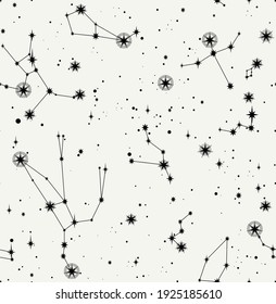 Star Constellation Zodiac Endless Black White Seamless Vector Pattern