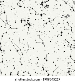 star constellation zodiac space, seamless stellar black and white vector pattern