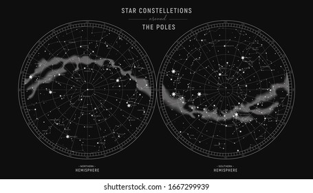 Star constellations around the poles. Nothern and Southern high detailed star map with symbols and signs of zodiac.  Astrological celestial map 