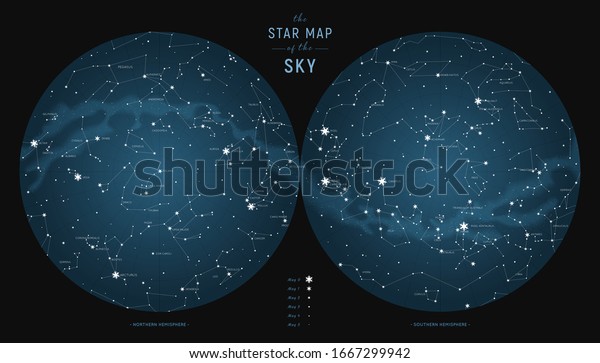 Star
constellations around the poles. Nothern and Southern high detailed
star map with symbols and signs of zodiac.
