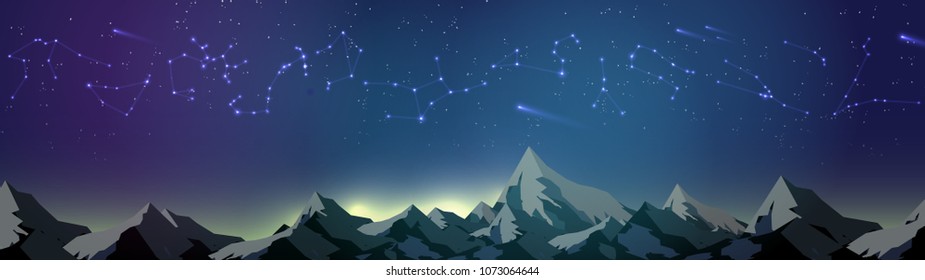 Star Constellations over Mountains on the Night Sky Panorama - Vector Illustration