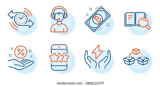 Señales de Star, Consultant y Timer. Envío de paquetes, porcentaje de préstamo y conjunto de iconos de línea de libro de búsqueda. Bitcoin, símbolos de energía segura. Casilla de envío, mano de descuento. Conjunto de tecnología. Conjunto de iconos de esquema. Vector