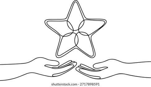 Dibujo de línea continua de estrella. Símbolo de clasificación. Brazos humanos. Concepto de Comentarios. Ilustración vectorial aislada. una línea Dibujo del icono

