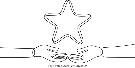 Estrela desenho de linha contínua. Símbolo de classificação. Braços humanos. Conceito de feedback. Ilustração de vetor isolada. Desenho de ícone de uma linha
