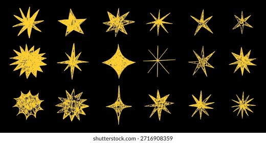 Sterne Buntstift Kreide Bleistift handgezeichnete Kritzel Skizze Design-Element. Texturierte Kollektion glitzern Figur Schule Kritzel Kollektion. Blinzeln, glitzern Silhouette und leuchtende Symbole