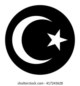 Star and Crescent button Islam symbol - white on black background