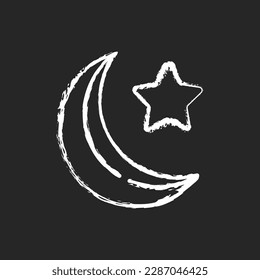 Star and crescent chalk white icon on black background. Great symbol of islam. Religious teaching that there is only one God and one messenger of God. Isolated vector chalkboard illustration