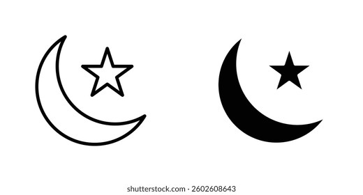 Star and crescent flat Icons in line outline and flat solid style on white background