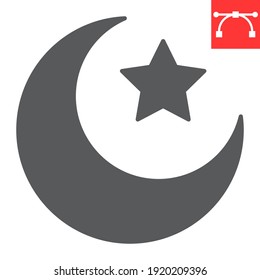 Star and crescent glyph icon, Happy Ramadan and muslim, islamic crescent vector icon, vector graphics, editable stroke solid sign, eps 10