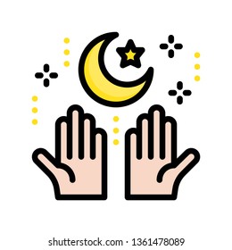 Star and crescent with hand vector illustration, Ramadan related filled style icon