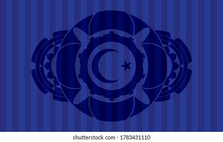 Star and crescent icon inside Blue color emblem. Bars fancy background. Vector illustration. 