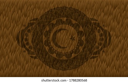 Star and crescent icon inside Brown fur emblem. Pet luxurious background. Artistic illustration. 