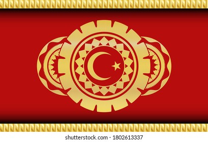 Star and crescent icon inside Gold and Red realistic emblem. Traditional fashionable background. Intense illustration. 