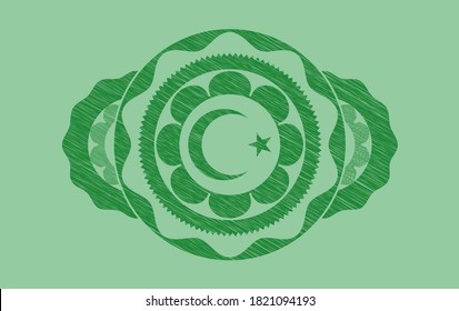 Star and crescent icon inside Green stroke emblem. Eco delicate background. Intense illustration. 