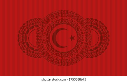 Star and crescent icon inside red color badge. Bars graceful background. Intense illustration. 