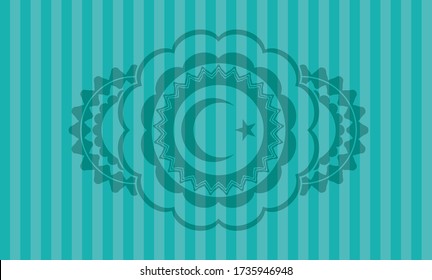 Icono de estrella y media luna dentro de la insignia realista turquesa. Barras de fondo a la moda. Ilustración. 