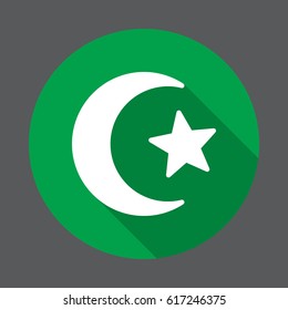 Star and crescent of Islam flat icon. Round colorful button, circular vector sign with long shadow effect. Flat style design