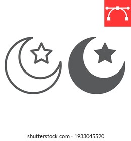 Star and crescent line and glyph icon, Happy Ramadan and muslim, islamic crescent vector icon, vector graphics, editable stroke outline sign, eps 10