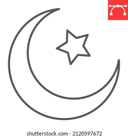Star and crescent line icon, astrology and islamic, moon and star vector icon, vector graphics, editable stroke outline sign, eps 10.