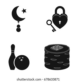 Star and crescent, Lock and other web icon in black style. bowling, sushi icons in set collection.