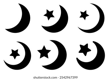 Star and crescent moon flat thin line icon collection.