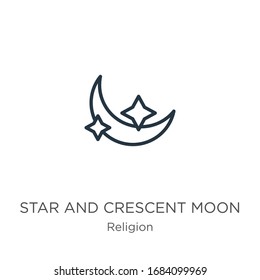 Icono de la luna de la estrella y de la luna de la media luna. Icono de contorno de estrella lineal delgado y luna creciente aislado en fondo blanco de la colección religiosa. Signo vectorial de línea, símbolo para web y móvil