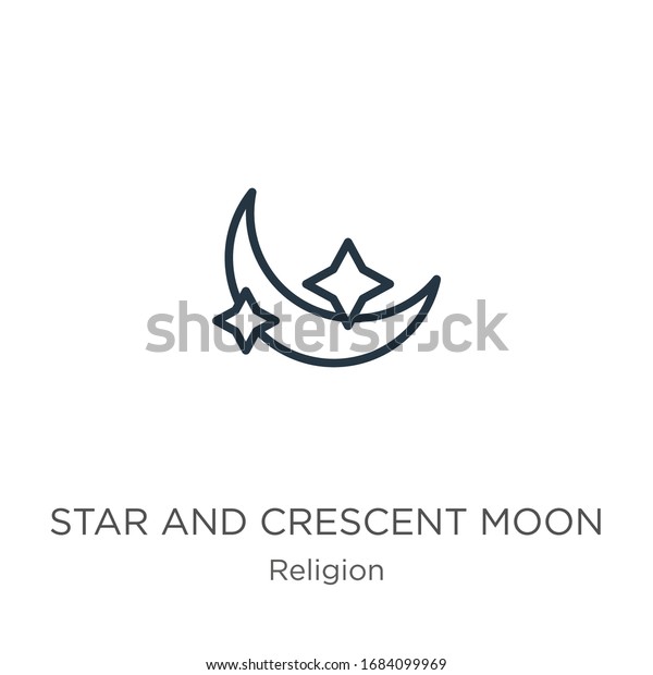 Star and crescent\
moon icon. Thin linear star and crescent moon outline icon isolated\
on white background from religion collection. Line vector sign,\
symbol for web and mobile