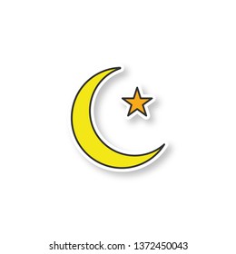 Star and crescent moon patch. Ottoman flag. Ramadan moon. Color sticker. Vector isolated illustration