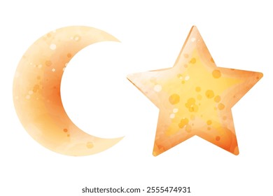 Star and Crescent moon. Vector watercolor stylized cute illustration of celestial bodies