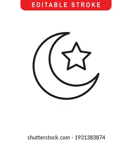 Star and crescent Outline Icon. Islam Symbol Line Art Logo. Vector Illustration. Isolated on White Background. Editable Stroke