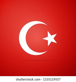 Star and crescent - symbol of Islam icon isolated on red background. Religion symbol. Flat design. Vector Illustration