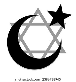 Star and crescent - symbol of Islam on background star of David Star. Religion symbol. Vector Illustration