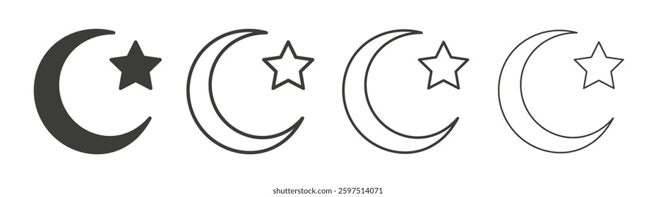 Star and crescent vector icon set in black and white color.