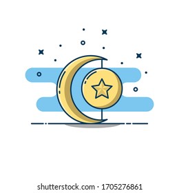 Star and crescent vector illustration. Ramadan theme. Moslem icon. Star and crescent isolated on white background. Islamic symbol with modern line art suitable for sticker, web landing page, and more.