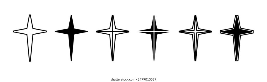 Conjunto de cruces de estrellas, silueta de símbolo cristiano religioso, colección en forma de ícono. Emblema de contorno.